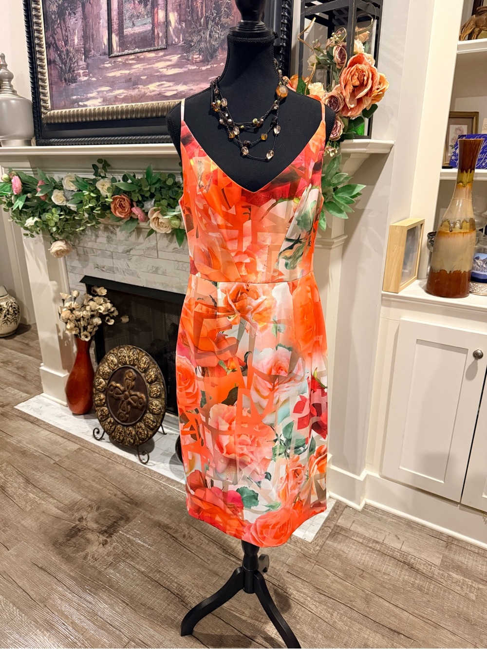 Black Halo Orange Floral V-Neck Sheath Dress